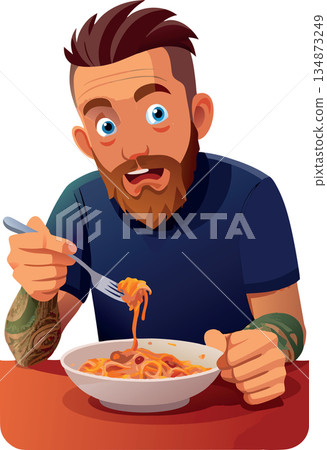 Hungry hipster enjoying a big bowl of spaghetti Hungry hipster enjoying a big bowl of spaghetti 134873249