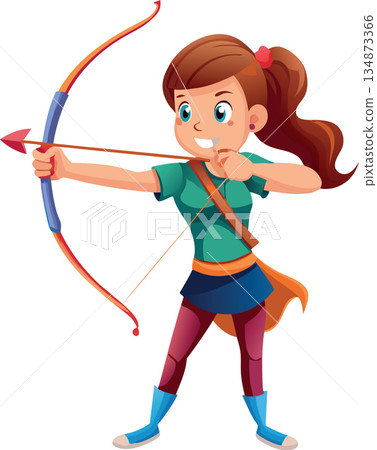 Young woman archer taking aim with bow and arrow Young woman archer taking aim with bow and arrow 134873366