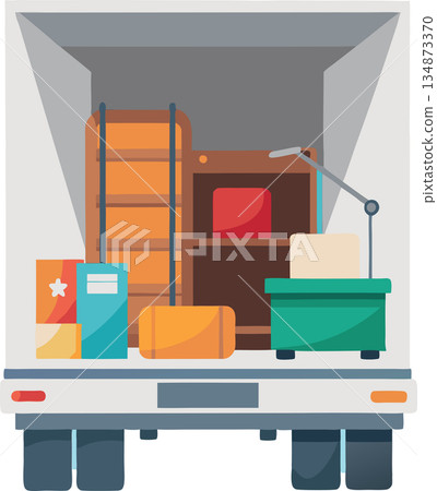 Delivery truck full of boxes is transporting furniture to new apartment- Delivery truck full of boxes is transporting furniture to new apartment- 134873370