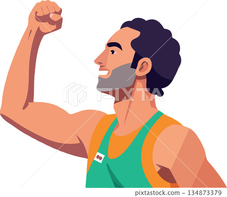 Strong smiling male athlete raising fist in the air- Strong smiling male athlete raising fist in the air- 134873379