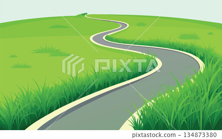 Winding road through green fields leading to the horizon- 134873380