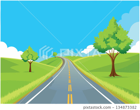Winding road leading through green hills on sunny day Winding road leading through green hills on sunny day 134873382