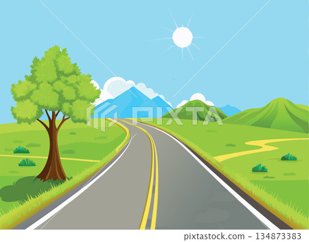 Winding road leading through green hills on sunny day Winding road leading through green hills on sunny day 134873383
