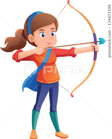 Young woman archer taking aim with bow and arrow- Young woman archer taking aim with bow and arrow- 134873399
