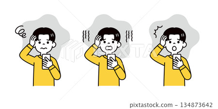 一組向量插圖素材，描繪了青少年男性和學生在查看智慧型手機時表現出的困惑、沮喪和驚訝的神情。 134873642