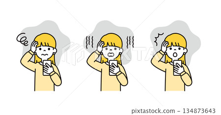 一組向量插圖素材，描繪了青少年女性和學生在查看智慧型手機時表現出的困惑、沮喪和驚訝的神情。 134873643