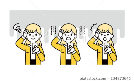 A set of upper body vector illustrations of young women, housewives, and office ladies holding their heads while looking at their smartphones 134873645