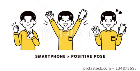 一組向量插圖素材，描繪了一位表情積極、姿態舒展的年輕男子，他手持一部智慧型手機。 134873653
