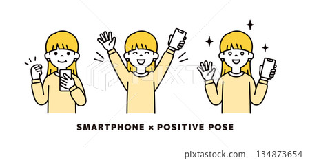 一組向量插圖素材，描繪了一位表情積極、姿態舒展的年輕女性，她手持一部智慧型手機。 134873654