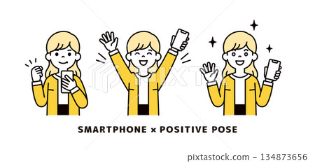 一組向量插圖素材，描繪了面帶笑容、姿勢積極的女性和家庭主婦手持智慧型手機的形象。 134873656