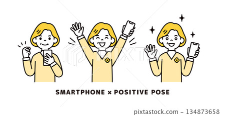 一組向量插圖素材，描繪了一位表情和姿態都十分積極的祖母，她手持一部智慧型手機。 134873658