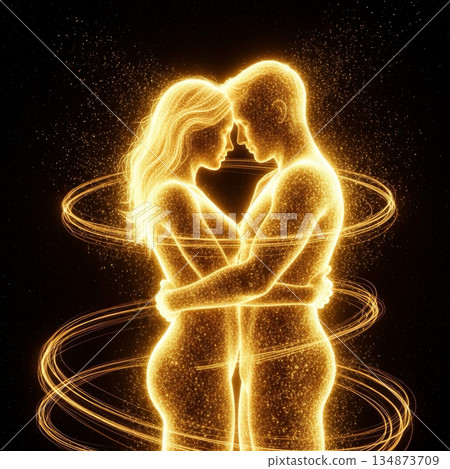 Glowing golden couple embracing forming heart symbol of love and romance on dark background Glowing golden couple embracing forming heart symbol of love and romance on dark background 134873709