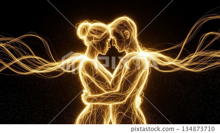 Glowing golden couple embracing symbol of love romance and devotion on dark background 134873710