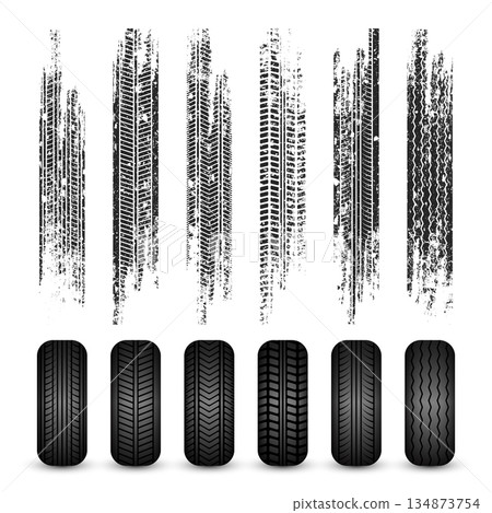 Grunge tire tracks, rubber wheels, and braking marks. Truck, car, or motorcycle tread pattern silhouettes. Perfect for auto racing, motorsport, and speed-related designs. Vector illustration 134873754