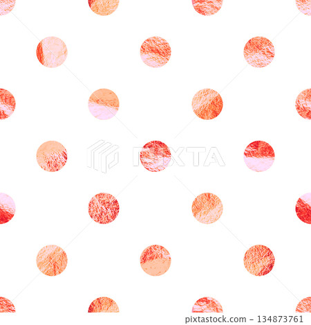Rose gold foil seamless texture, shiny handmade circles. Golden glittering pattern. Shining hand drawn background. Wedding, greeting card decoration. Modern minimalist art. Vector illustration 134873761