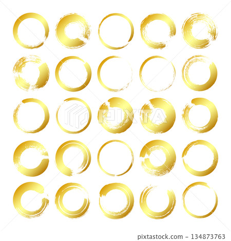 Golden grunge circles, brush strokes, lines, ink smudges, hand-drawn scribble shapes. Handmade sketchy marks, acrylic stains, charcoal streaks. Paint textures, dry brush effect. Vector illustration 134873763