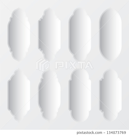 Islamic frames, oriental style objects. Arabic shapes, windows and arches with shadows. Traditional ornamental frame. Muslim holidays, Ramadan Kareem. Modern eastern architecture. Vector illustration 134873769