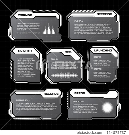 White futuristic HUD, UI elements. Sci-fi user interface text boxes, callouts. Warning message frames, information boxes template. Modern game interface layout in digital style. Vector illustration 134873787