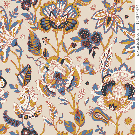 Heritage Floral Cream Blue Mustard 134874474