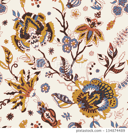 Heritage Floral Cream Blue Mustard 134874489