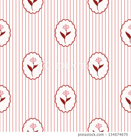 Rustic Romantic Meadow pink Flowers and red Stripes Vector Seamless Pattern. Cottagecore Garden Flowers print 134874670