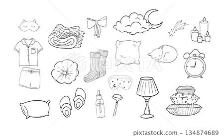 Sleep set hand drawn night symbols doodle. Pillow line bedroom relax, sleeping mask, stars and moon. Warm cozy clothes, socks. Sleepy mood,  134874689