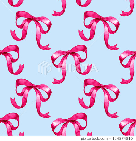 Charming watercolor ribbon pattern with vivid pink bows arranged in a repeating layout. Perfect for textiles, packaging, party d cor, stationery, wrapping paper and feminine design projects. Charming watercolor ribbon pattern with vivid pink bows arranged in a repeating layout. Perfect for textiles, packaging, party d cor, stationery, wrapping paper and feminine design projects. 134874810