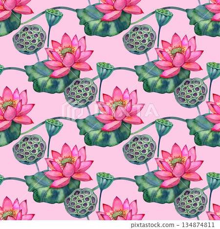 Watercolor seamless pattern with bright pink lotus flowers, green leaves and seed pods. Elegant repeating floral design inspired by Asian botanical motifs. Perfect for textiles, wrapping paper and 134874811