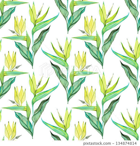Watercolor seamless pattern with elegant strelitzia leaves and buds in vibrant green and turquoise shades. The soft hand-painted botanical elements create a fresh tropical design perfect for fabrics 134874814