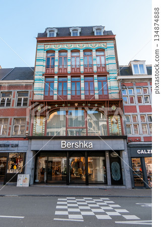 Belgium, Namur, Art Nouveau facade of the Bershka store, located on Rue du Fer. 134874888