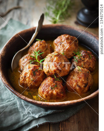 Traditional Lion's Head Meatballs in Savory Broth and Rustic Clay Bowl 134875014