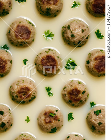 Top View Pattern of Traditional Chinese Meatballs in Broth 134875017