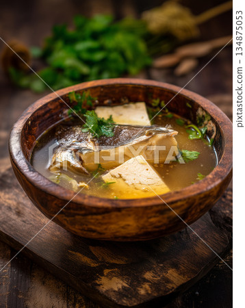 Traditional Chinese Fish Head Soup with Tofu and Herbs in Rustic Wooden Bowl 134875053