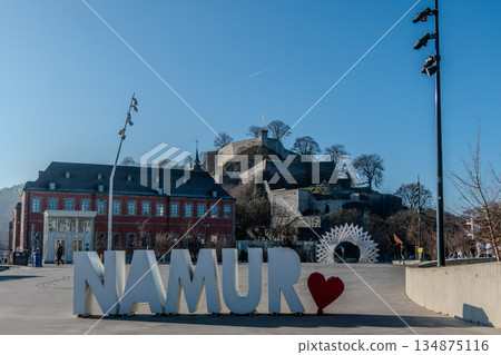 Belgium, Namur, the "I LOVE NAMUR" sign with the Citadel of Namur in the background, 134875116