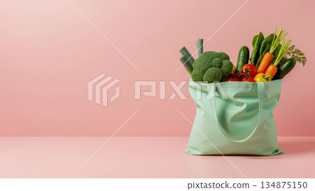 Reusable shopping bag with fresh vegetables on pink background healthy nutrition concept Reusable shopping bag with fresh vegetables on pink background healthy nutrition concept 134875150