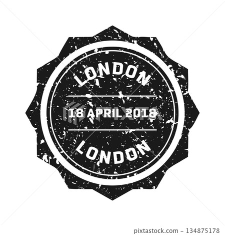 Post stamp, label or badge. Grunge imprint and postmark with text. Brown vintage circle postcard watermark. Used envelope design element. Vector illustration 134875178