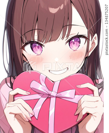 Illustration of a girl holding a Valentine's Day gift 134875207