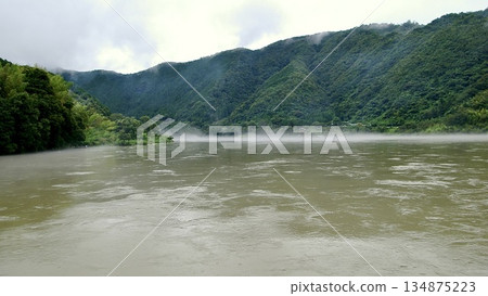 The Shimanto River in Kochi Prefecture, turned muddy by a typhoon 134875223