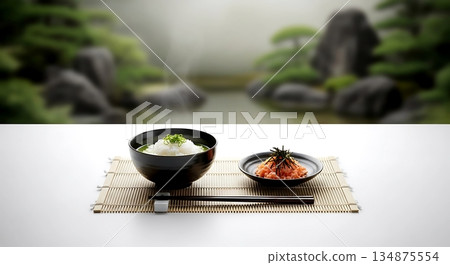 Minimalist, Zen-inspired, a traditional chazuke set a bowl of white rice, with a small separate dish of salmon flakes and nori, arranged on a bamboo placemat  134875554