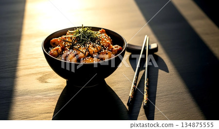 Still life composition, a rustic donburi bowl filled with teriyaki chicken and glistening sauce, topped with fine shreds of nori, sesame seeds, a pair of black lacquer chopsticks  134875555