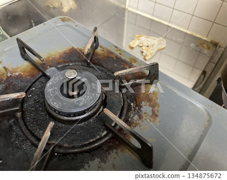 Old gas stoves and countertops with heavy oil stains and burnt food Old gas stoves and countertops with heavy oil stains and burnt food 134875672
