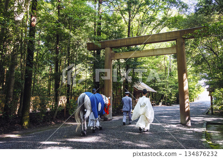 伊勢神宮外宮新馬崇拜景觀 伊勢神宮馬年首日參拜儀式 伊勢神宮外宮新馬崇拜景觀 伊勢神宮馬年首日參拜儀式 134876232