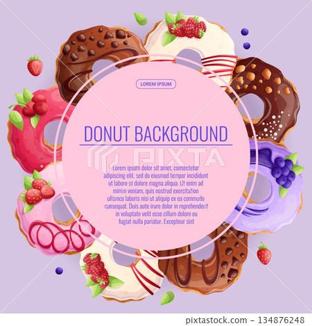 Colorful background with delicious donuts. The concept of confectionery, baking, cooking. Vector illustration for the design of posters, flyers, postcards and invitations Colorful background with delicious donuts. The concept of confectionery, baking, cooking. Vector illustration for the design of posters, flyers, postcards and invitations 134876248