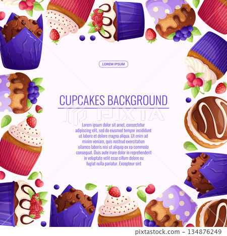 Colorful background with delicious cupcakes and muffins. The concept of confectionery, baking, cooking. Vector illustration for the design of posters, flyers, postcards and invitations Colorful background with delicious cupcakes and muffins. The concept of confectionery, baking, cooking. Vector illustration for the design of posters, flyers, postcards and invitations 134876249