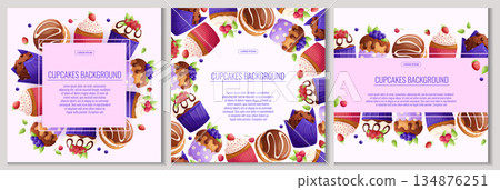 A set of colorful backgrounds with delicious cupcakes and muffins. The concept of confectionery, baking, cooking. Vector illustration for the design of posters, flyers, postcards and invitations 134876251
