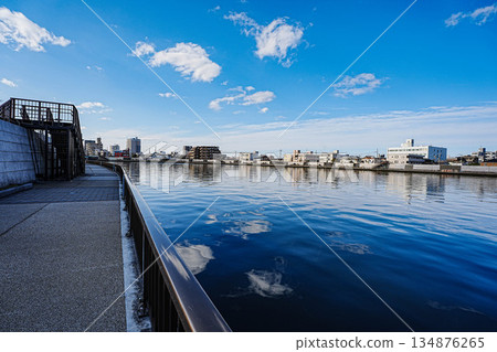 Blue sky and white clouds reflected in the middle 134876265