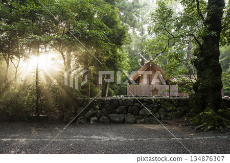 伊勢神宮的清晨景色。晨光灑滿大地。伊勢神宮的祭祀儀式。馬年。 134876307