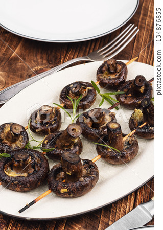 Roasted mushroom skewers, vegetable kebab. Roasted mushroom skewers, vegetable kebab. 134876855