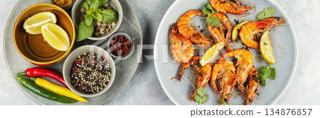 Grilled Langoustines on a Plate Grilled Langoustines on a Plate 134876857