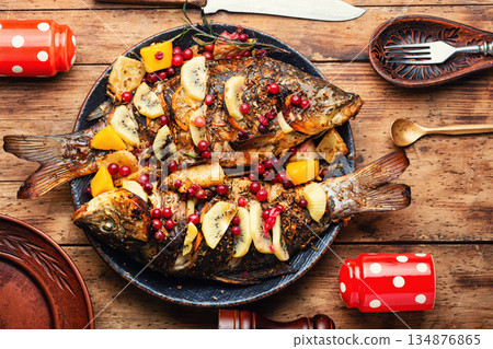 Whole fried dorado. 134876865